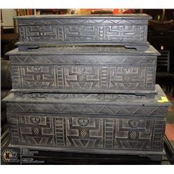 SET OF 3 CARVED DECORATIVE WOOD STORAGE BOXES