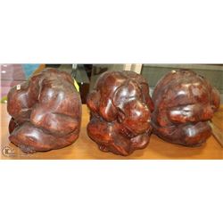 3 CRYING MONK CARVED WOOD FIGURES