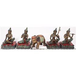 GROUP OF 5 SOLID BRASS MUSICIANS AND ELEPHANT