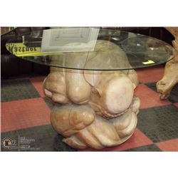 26" CRYING BUDDHA BASED GLASS TOP TABLE