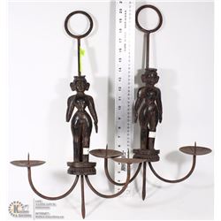 PAIR OF ORIENTAL 2 CANDLE CAST IRON HOLDERS