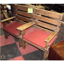PAIR OF WOOD OUTDOOR CHAIRS W/ RED PADDED SEAT