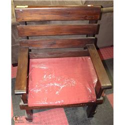 DARK WOOD OUTDOOR CHAIR WITH RED PADDED SEAT