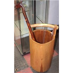 WOOD UMBRELLA STAND W/ CARVED WOOD HORSE HEAD CANE