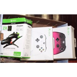 FLAT OF TWO XBOX CONTROLLERS & POWER PACK