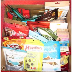 LARGE FLAT OF DOG TREATS ALL IN PACKAGES