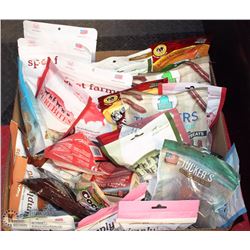 LARGE FLAT OF DOG TREATS ALL IN PACKAGES
