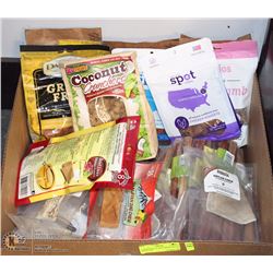 LARGE FLAT OF DOG TREATS ALL IN PACKAGES