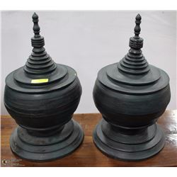 PAIR OF 25" TALL ASIAN STYLE WOOD URNS DARK GREEN