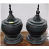 Image 1 : PAIR OF 25" TALL ASIAN STYLE WOOD URNS DARK GREEN