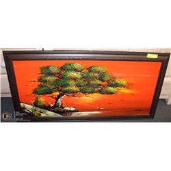 TREE PAINTING BY LAKE AND ORANGE SKY SIGNED