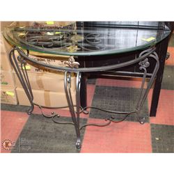 GLASS AND WROUGHT IRON HALF MOON SOFA TABLE