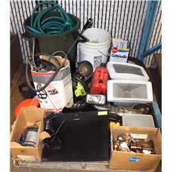 PALLET OF MISC GARAGE ITEMS INCLUDING WEED EATER