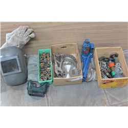 BOTTLE JACKWELDING MASK AND GLOVES AND WRENCHES AND SOCKETS