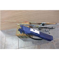 FISHING RODS AND CAMP CHAIR AAND UMBRELLA AND PICNIC BASKET