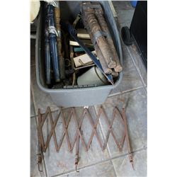 TOOLBOX WITH VINTAGE TOOLS AND LARGE TOTE OF HORSEHANES AND TABLE LEGS AND MODEL A LUGGAGE RACK