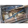 Image 2 : TOOLBOX WITH VINTAGE TOOLS AND LARGE TOTE OF HORSEHANES AND TABLE LEGS AND MODEL A LUGGAGE RACK