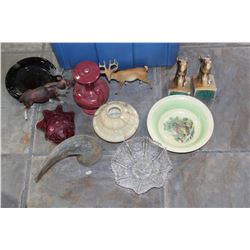 TOTE OF FIGURES AND GLASSWARE AND POTTERY AND ESTATE GOODS