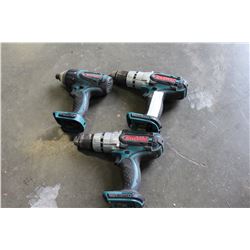 MAKITA CORDLESS IMPACT DRILL AND TWO ELECTRIC DRILLS NO BATTERIES