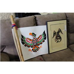 TWO NATIVE PRINTS AND RAIN STICK