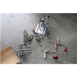 TRAY OF HAND DRILLS SHELTON PLANE AND SMALL HAND PLANE