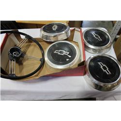 BANJO STEERING WHEEL AND FOUR VINTAGE CHEVY HUBCAPS