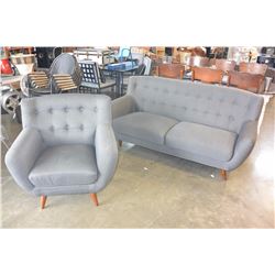 NEW HOME ELEGANCE GREY TUFTED MODERN SOFA AND CHAIR, RETAIL $1899