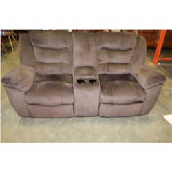 BROWN MICROFIBRE DOUBLE RECLINING LOVESEAT WITH CENTRE CONSOLE