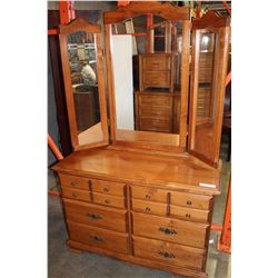 WALNUT 6 DRAWER DRESSER WITH TRIFOLD MIRROR