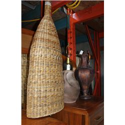 LARGE RATTAN VASE AND LARGE TIN PITCHER AND POTTERY LAMP BASE