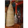 Image 1 : LARGE RATTAN VASE AND LARGE TIN PITCHER AND POTTERY LAMP BASE