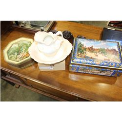 THREE DECORATIVE BOXES AND JUG AND BOWL SET