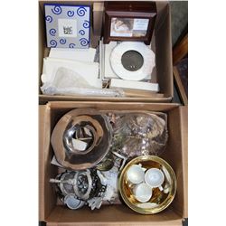 2 BOXES OF DECORATIVE BOWLS AND STANDS AND BOX OF PICTURE FRAMES