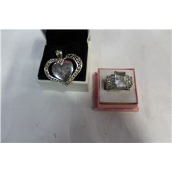 HEART PENDANT AND LARGE RHINESTONE DINNER RING