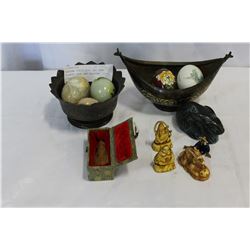 EASTERN CONTAINERS AND HAND PAINTED EGGS AND EASTERN FIGURES