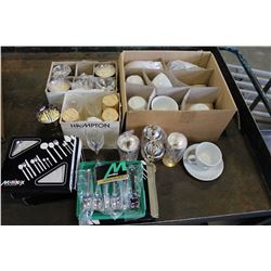 SHELF LOT OF NEW SILVER PLATE GIFT WARE AND CUPS AND SAUCERS