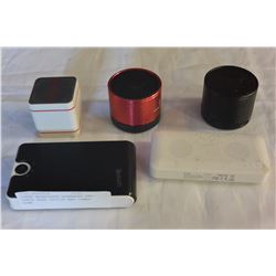 THREE BLUETOOTH SPEAKERS AND HANDS FREE DEVICE AND POWER BANK