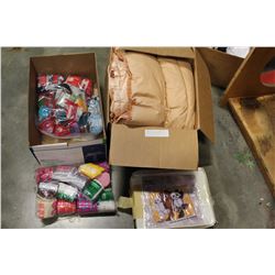 VINTAGE SATIN BED COVER AND BOX OF CRAFT SUPPLIES