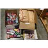 Image 1 : VINTAGE SATIN BED COVER AND BOX OF CRAFT SUPPLIES