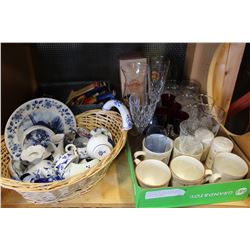 SHELF LOT OF COLLECTIBLE DELFT BLUE DUTCH COLLECTIBLES AND ESTATE GLASSWARE