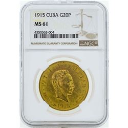 1915 Cuba 20 Pesos Gold Coin NGC MS61