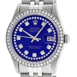 Mens Rolex Stainless Steel Royal Blue String Diamond Datejust Wristwatch