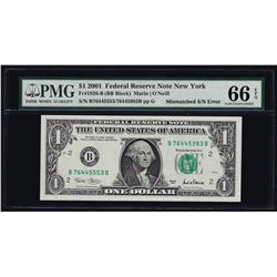 2001 $1 Federal Reserve Note Mismatched Serial Number ERROR PMG Gem Unc. 66EPQ