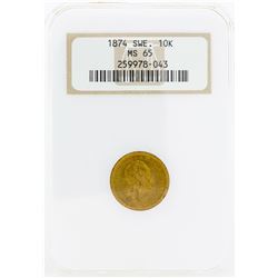 1874 Sweden 10 Kronor Gold Coin NGC MS65