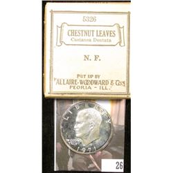 1971S S Silver Proof Eisenhower Dollar; & Original Box with contents "Chestnut Leaves Castanea Denta