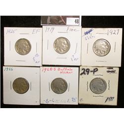 1919 P, 25 P, 26 P, 27 P, 28 S, & 29 P Buffalo Nickels in holders, Good to Extra Fine.