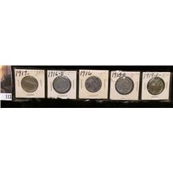 1916P, 16D, 17P, 18D, & 19D Buffalo Nickels, all grading Good to Fine.