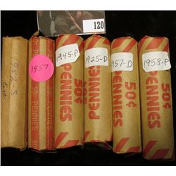 Solid date circulated Rolls of U.S. Wheat Cents including 1925D, 45P, 52S, 57P, 57D, & 58P. (6 rolls