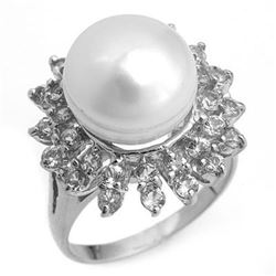 1.50 CTW Yellow Sapphire & Pearl Ring 14K White Gold - REF-64W5H - 10371