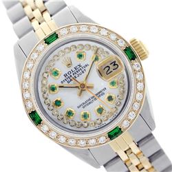 Rolex Ladies Two Tone 14K Gold/SS, Diam/Emerald Dial & Diam/Emerald Bezel, Saph Crystal - REF-372X2A